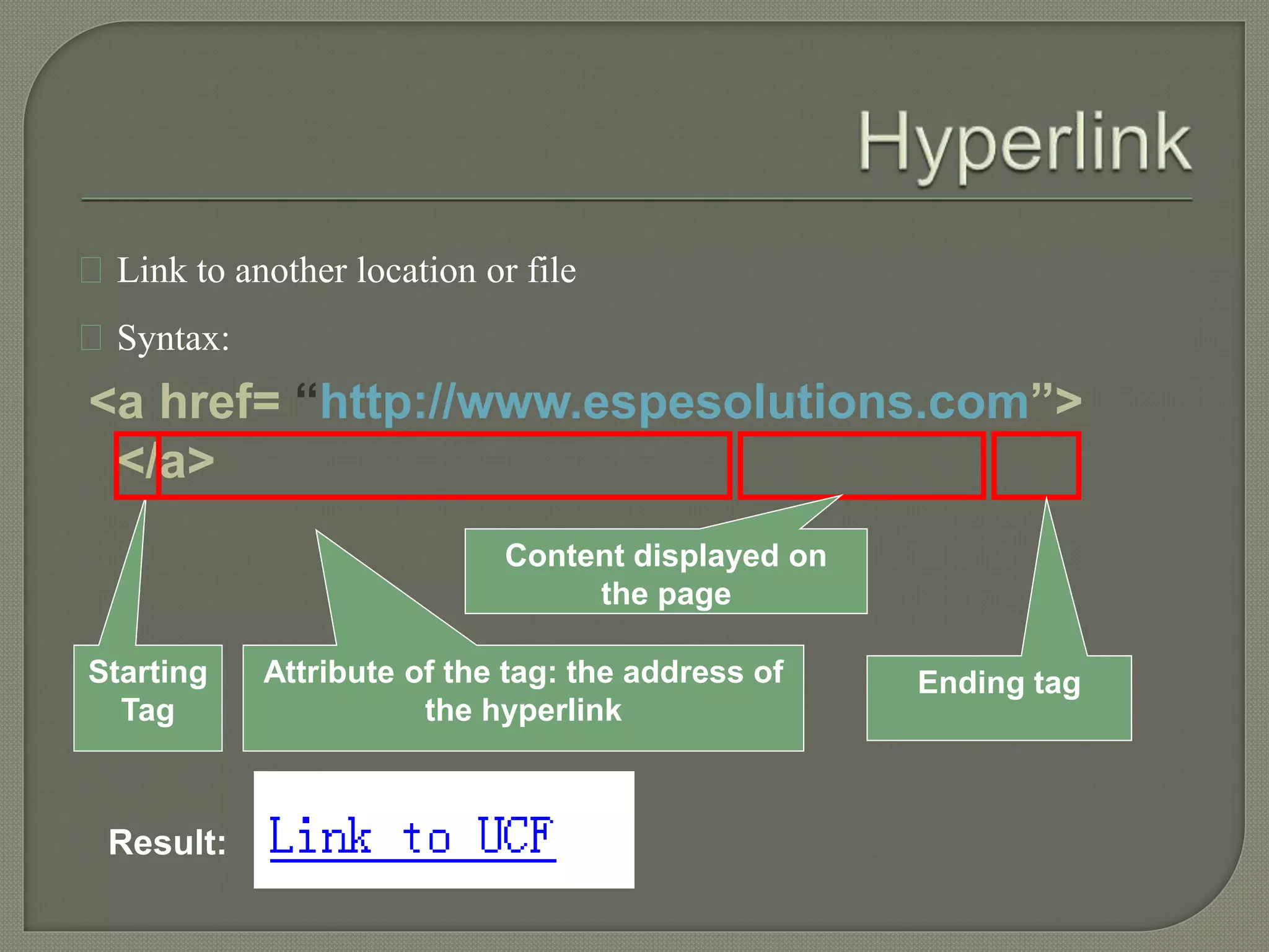 Link to another location or file 
Syntax: 
<a href= “http://www.espesolutions.com”> 
</a> 
Starting 
Tag 
Content displayed on 
the page 
Attribute of the tag: the address of 
the hyperlink 
Ending tag 
Result: 
 