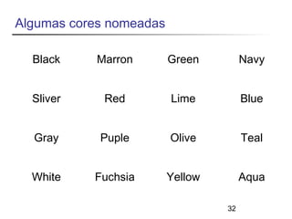 32 
Algumas cores nomeadas 
Black Marron Green Navy 
Sliver Red Lime Blue 
Gray Puple Olive Teal 
White Fuchsia Yellow Aqua 
 