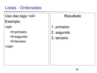 39 
Listas - Ordenadas 
Uso das tags <ol> 
Exemplo: 
<ol> 
<li>primeiro 
<li>segundo 
<li>terceiro 
</ol> 
Resultado 
1. primeiro 
2. segundo 
3. terceiro 
 