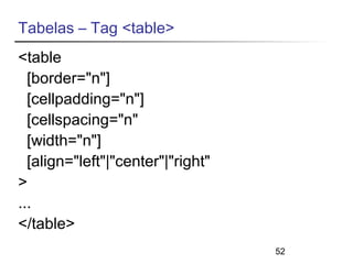 52 
Tabelas – Tag <table> 
<table 
[border="n"] 
[cellpadding="n"] 
[cellspacing="n" 
[width="n"] 
[align="left"|"center"|"right" 
> 
... 
</table> 
 