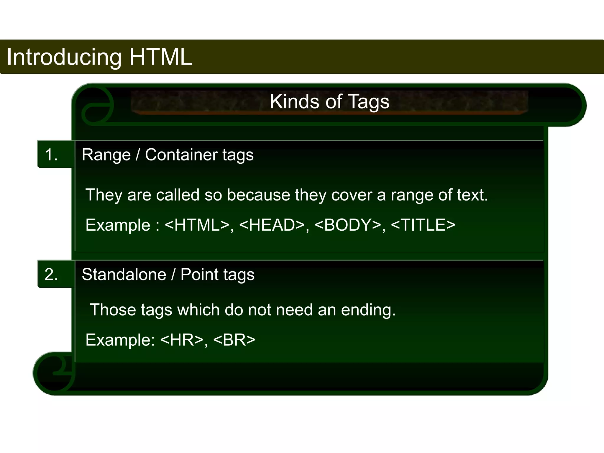 Introducing HTML 
26 
1. Range / Container tags 
2. Standalone / Point tags 
Kinds of Tags 
They are called so because they cover a range of text. 
Example : <HTML>, <HEAD>, <BODY>, <TITLE> 
Those tags which do not need an ending. 
Example: <HR>, <BR> 
Satish Chandra 
 