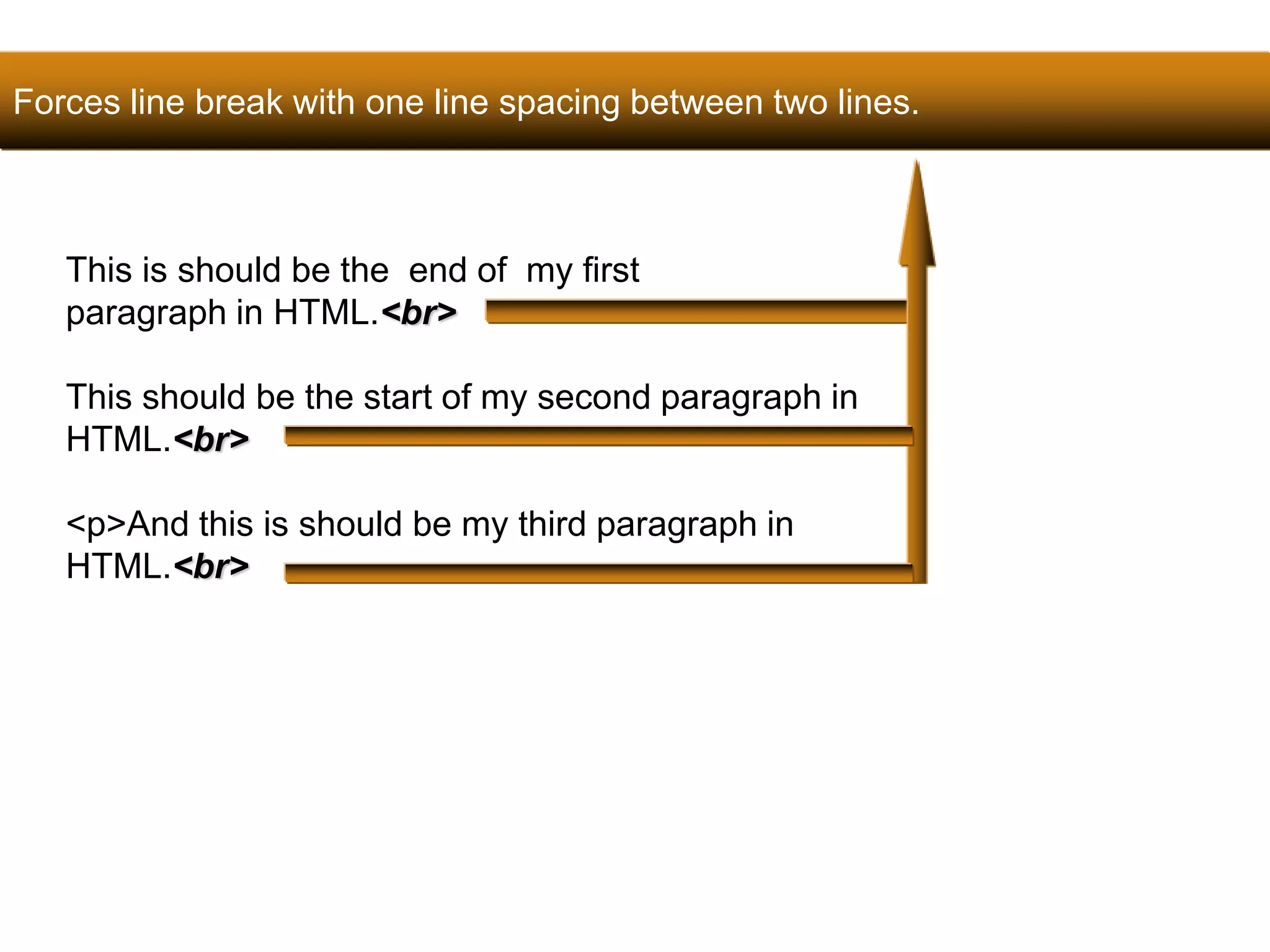 Forces line break with one line spacing between two lines. 
37 
This is should be the end of my first 
paragraph in HTML.<br> 
This should be the start of my second paragraph in 
HTML.<br> 
<p>And this is should be my third paragraph in 
HTML.<br> 
Satish Chandra 
 