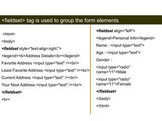 <fieldset> tag is used to group the form elements 
<html> 
<body> 
<fieldset style="text-align:right;"> 
<legend><b>Address Details</b></legend> 
Favorite Address <input type="text" /><br/> 
Least Favorite Address <input type="text" /><br/> 
Current Address <input type="text" /><br/> 
Your Next Address <input type="text" /><br/> 
</fieldset> 
<br> 
191 
<fieldset align="left"> 
<legend>Personal Info</legend> 
Name : <input type="text"> 
Age : <input type="text"> 
Gender : 
<input type="radio" 
name="r1">Male 
<input type="radio" 
name="r1">Female 
</fieldset> 
</body> 
</html> 
Satish Chandra 
 