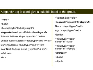 <legend> tag is used give a suitable label to the group. 
<html> 
<body> 
<fieldset style="text-align:right;"> 
<legend><b>Address Details</b></legend> 
Favorite Address <input type="text" /><br/> 
Least Favorite Address <input type="text" /><br/> 
Current Address <input type="text" /><br/> 
Your Next Address <input type="text" /><br/> 
</fieldset> 
<br> 
192 
<fieldset align="left"> 
<legend>Personal Info</legend> 
Name : <input type="text"> 
Age : <input type="text"> 
Gender : 
<input type="radio" 
name="r1">Male 
<input type="radio" 
name="r1">Female 
</fieldset> 
</body> 
</html> 
Satish Chandra 
 