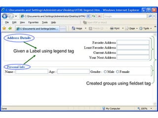193 
Given a Label using legend tag 
Created groups using fieldset tag 
Satish Chandra 
 