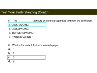 Test Your Understanding (Contd.) 
199 
5. The ___________ attribute of table tag separates text from the cell border 
a. CELLPADDING 
b. CELLSPACING 
c. BORDERSPACING 
d. TABLESPACING 
6. What is the default font size in a web page. 
a. 1 
b. 2 
c. 3 
d. 5 
Satish Chandra 
 