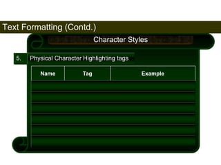 Text Formatting (Contd.) 
69 
5. 
Character Styles 
Physical Character Highlighting tags 
Name Tag Example 
Bold <B> This is Bold text 
Italics <I> This is Italicized text 
Underline <U> This is a underlined text 
Teletype <TT> This is TeleType text 
Superscript <SUP> X2Y3 
Subscript <SUB> H2SO4 
Satish Chandra 
 