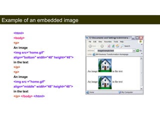 Example of an embedded image 
94 
<html> 
<body> 
<p> 
An image 
<img src=“home.gif" 
align="bottom" width="48" height="48"> 
in the text 
</p> 
<p> 
An image 
<img src ="home.gif" 
align="middle" width="48" height="48"> 
in the text 
</p> </body> </html> 
Satish Chandra 
 