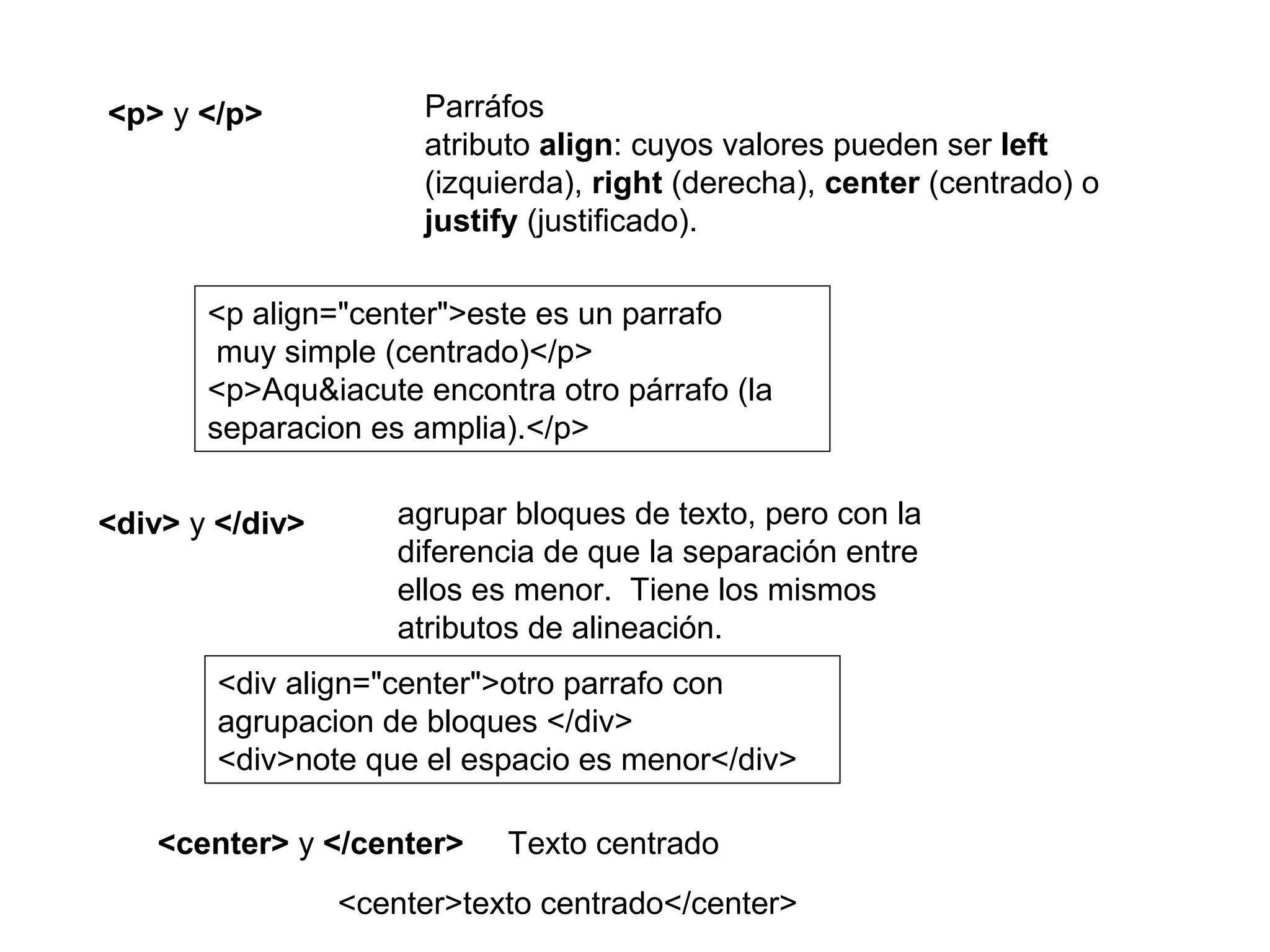 <p> y </p> Parráfos
atributo align: cuyos valores pueden ser left
(izquierda), right (derecha), center (centrado) o
justify (justificado).
<div> y </div> agrupar bloques de texto, pero con la
diferencia de que la separación entre
ellos es menor. Tiene los mismos
atributos de alineación.
<center> y </center> Texto centrado
<p align="center">este es un parrafo
muy simple (centrado)</p>
<p>Aqu&iacute encontra otro párrafo (la
separacion es amplia).</p>
<div align="center">otro parrafo con
agrupacion de bloques </div>
<div>note que el espacio es menor</div>
<center>texto centrado</center>
 