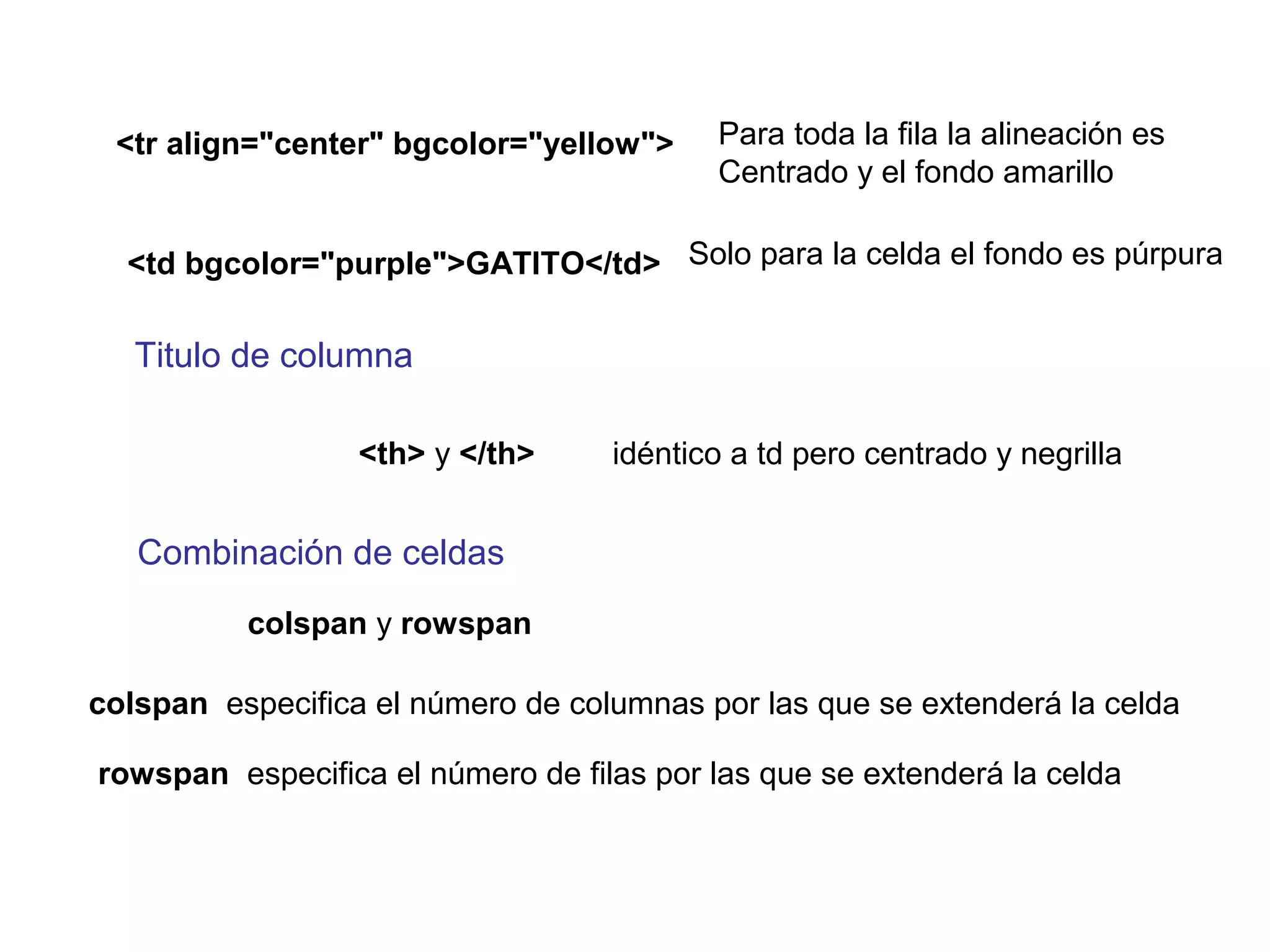 <tr align="center" bgcolor="yellow">
<td bgcolor="purple">GATITO</td>
Para toda la fila la alineación es
Centrado y el fondo amarillo
Solo para la celda el fondo es púrpura
<th> y </th> idéntico a td pero centrado y negrilla
Titulo de columna
colspan y rowspan
Combinación de celdas
colspan especifica el número de columnas por las que se extenderá la celda
rowspan especifica el número de filas por las que se extenderá la celda
 