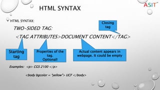 HTML SYNTAX
• HTML SYNTAX:
TWO-SIDED TAG:
<TAG ATTRIBUTES>DOCUMENT CONTENT</TAG>
Starting
tag
Properties of the
tag.
Optional!
Actual content appears in
webpage. It could be empty
Closing
tag
Examples: <p> CGS 2100 </p>
<body bgcolor = “yellow”> UCF </body>
 
