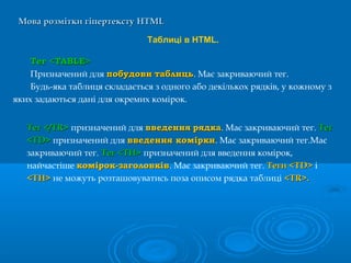 Мова розмітки гіпертекстуМова розмітки гіпертексту HTMLHTML
Таблиці в HTML.
Тег <Тег <TABLETABLE>>
Призначений для побудовипобудови таблицьтаблиць. Має закриваючий тег.
Будь-яка таблиця складається з одного або декількох рядків, у кожному з
яких задаються дані для окремих комірок.
Тег </TR>Тег </TR> призначений для введеннявведення рядкарядка. Має закриваючий тег. ТегТег
<TD><TD> призначений для введення коміркивведення комірки. Має закриваючий тег.Має
закриваючий тег. Тег <TH>Тег <TH> призначений для введення комірок,
найчастіше комірок-заголовківкомірок-заголовків. Має закриваючий тег. Теги <TD>Теги <TD> і
<TH><TH> не можуть розташовуватись поза описом рядка таблиці <TR>.<TR>.
 