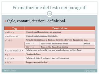 Formattazione del testo nei paragrafi
Tag Descrizione
<abbr> Il testo è un’abbreviazione o un acronimo.
<address> Il testo è un’informazione di contatto.
<bdo> Permette di specificare la direzione del testo attraverso il parametro dir.
dir=ltr Testo scritto da sinistra a destra Default
dir=rtl Testo scritto da destra a sinistra
<blockquote> Definisce una sezione che contiene una citazione da un’altra fonte.
<q> Citazione in linea.
<cite> Definisce il titolo di un’opera citata nel documento.
<dfn> Tag per creare definizioni.
 Sigle, contatti, citazioni, definizioni.
29/10/2013
21
Matteo Ceserani
 