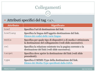 Collegamenti
Attributo Significato
href Specifica l’url di destinazione del link
hreflang Specifica la lingua dell’oggetto destinazione del link.
Elenco dei codici delle varie lingue.
media Specifica per quale tipo di dispositivi o di media è ottimizzata
la destinazione del collegamento (vedi slide successive).
rel Specifica la relazione esistente tra la pagina corrente e la
destinazione del link (vedi slide successiva).
target Specifica dove aprire la destinazione del link (vedi slide
precedenti).
type Specifica il MIME-Type della destinazione del link.
Elenco dei Media-Type specificati dalla IANA.
 Attributi specifici del tag <a>.
29/10/2013
27
Matteo Ceserani
 