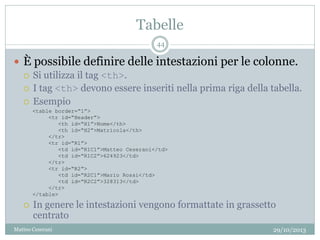 Tabelle
29/10/2013Matteo Ceserani
44
 È possibile definire delle intestazioni per le colonne.
 Si utilizza il tag <th>.
 I tag <th> devono essere inseriti nella prima riga della tabella.
 Esempio
 In genere le intestazioni vengono formattate in grassetto
centrato
<table border=“1”>
<tr id=“Header”>
<th id=“H1”>Nome</th>
<th id=“H2”>Matricola</th>
</tr>
<tr id=“R1”>
<td id=“R1C1”>Matteo Ceserani</td>
<td id=“R1C2”>624923</td>
</tr>
<tr id=“R2”>
<td id=“R2C1”>Mario Rossi</td>
<td id=“R2C2”>328313</td>
</tr>
</table>
 