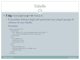 Tabelle
29/10/2013Matteo Ceserani
46
 I tag <colgroup> e <col>.
 È possibile definire degli stili particolari per singoli gruppi di
colonne di una tabella.
 Esempio:
<table border="1">
<colgroup>
<col span="2" style="background-color:red" />
<col style="background-color:yellow" />
</colgroup>
<tr>
<th>ISBN</th>
<th>Titolo</th>
<th>Prezzo</th>
</tr>
<tr>
<td>3476896</td>
<td>Introduzione all’HTML</td>
<td>€53</td>
</tr>
</table>
 