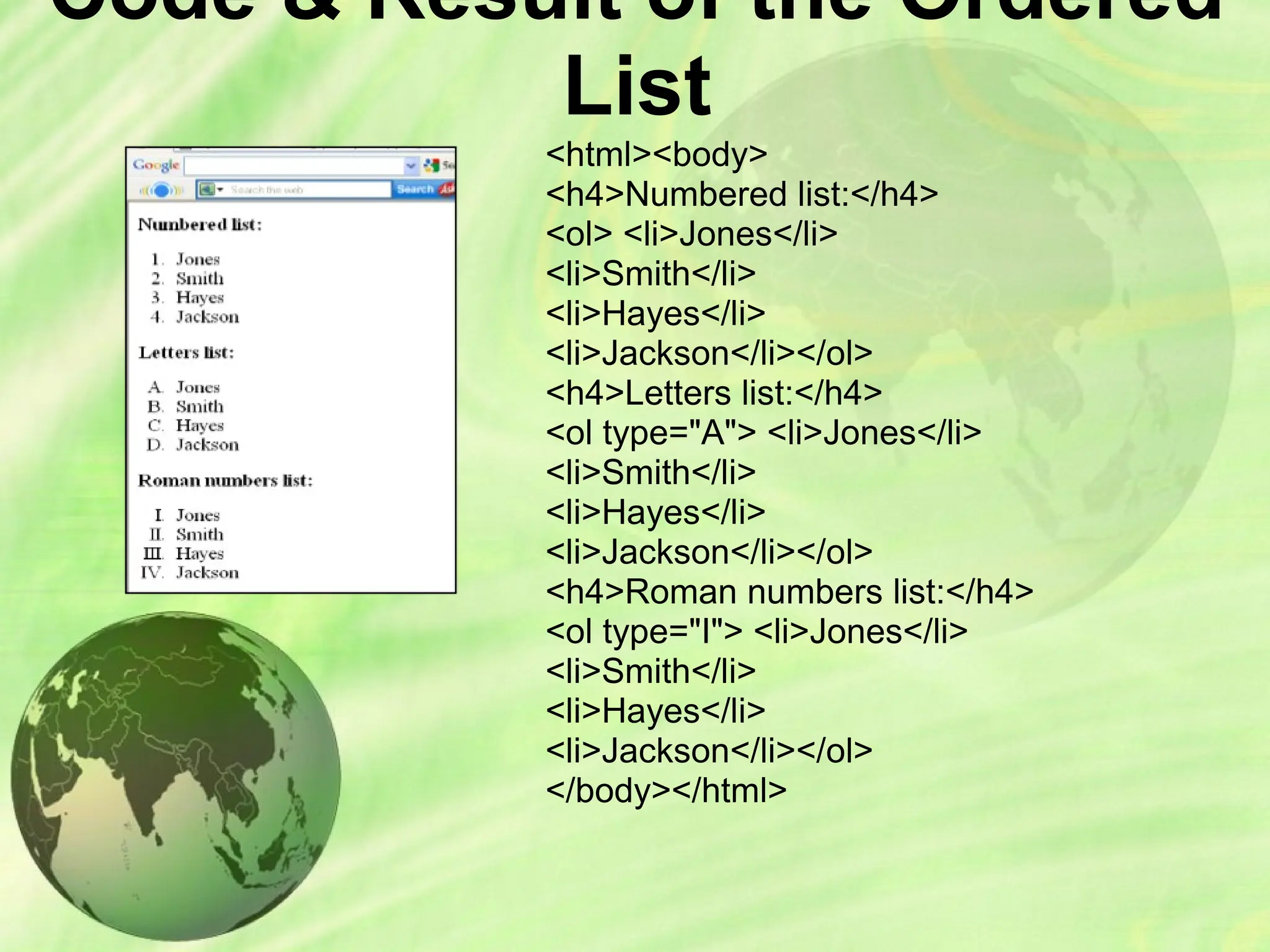 Code & Result of the Ordered
List
<html><body>
<h4>Numbered list:</h4>
<ol> <li>Jones</li>
<li>Smith</li>
<li>Hayes</li>
<li>Jackson</li></ol>
<h4>Letters list:</h4>
<ol type="A"> <li>Jones</li>
<li>Smith</li>
<li>Hayes</li>
<li>Jackson</li></ol>
<h4>Roman numbers list:</h4>
<ol type="I"> <li>Jones</li>
<li>Smith</li>
<li>Hayes</li>
<li>Jackson</li></ol>
</body></html>
 