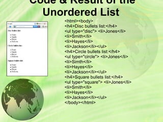 Code & Result of the
Unordered List
<html><body>
<h4>Disc bullets list:</h4>
<ul type="disc"> <li>Jones</li>
<li>Smith</li>
<li>Hayes</li>
<li>Jackson</li></ul>
<h4>Circle bullets list:</h4>
<ul type="circle"> <li>Jones</li>
<li>Simth</li>
<li>Hayes</li>
<li>Jackson</li></ul>
<h4>Square bullets list:</h4>
<ul type="square"> <li>Jones</li>
<li>Smith</li>
<li>Hayes</li>
<li>Jackson</li></ul>
</body></html>
 