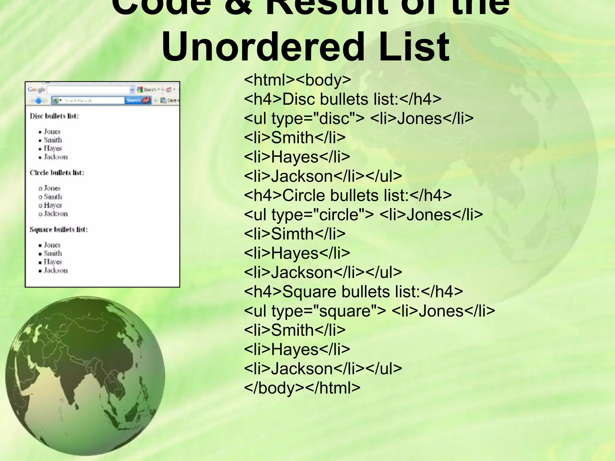Code & Result of the
Unordered List
<html><body>
<h4>Disc bullets list:</h4>
<ul type="disc"> <li>Jones</li>
<li>Smith</li>
<li>Hayes</li>
<li>Jackson</li></ul>
<h4>Circle bullets list:</h4>
<ul type="circle"> <li>Jones</li>
<li>Simth</li>
<li>Hayes</li>
<li>Jackson</li></ul>
<h4>Square bullets list:</h4>
<ul type="square"> <li>Jones</li>
<li>Smith</li>
<li>Hayes</li>
<li>Jackson</li></ul>
</body></html>
 