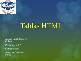 Tablas HTML
Jessica Lizet Ramirez
Ochoa
Preparatoria 1 A
Computación
Azucena Cervantes
Ponce
 