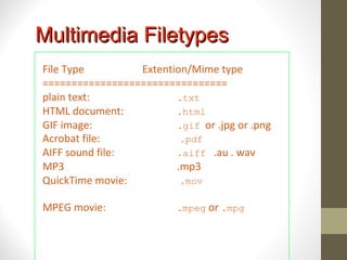 File Type Extention/Mime type
================================
plain text: .txt
HTML document: .html
GIF image: .gif or .jpg or .png
Acrobat file: .pdf
AIFF sound file: .aiff .au . wav
MP3 .mp3
QuickTime movie: .mov
MPEG movie: .mpeg or .mpg
Multimedia FiletypesMultimedia Filetypes
 