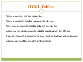 HTML Tables
• Tables are defined with the <table> tag.
• Tables are divided into table rows with the <tr> tag.
• Table rows are divided into table data with the <td> tag.
• A table row can also be divided into table headings with the <th> tag.
• If you do not specify a border for the table, it will be displayed without borders.
• A border can be added using the border attribute
 