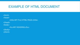 EXAMPLE OF HTML DOCUMENT
<html>
<head>
<title>MY First HTML PAGE</title>
</head>
<body>
<h1>MY HEADING</h1>
</body>
</html>
 