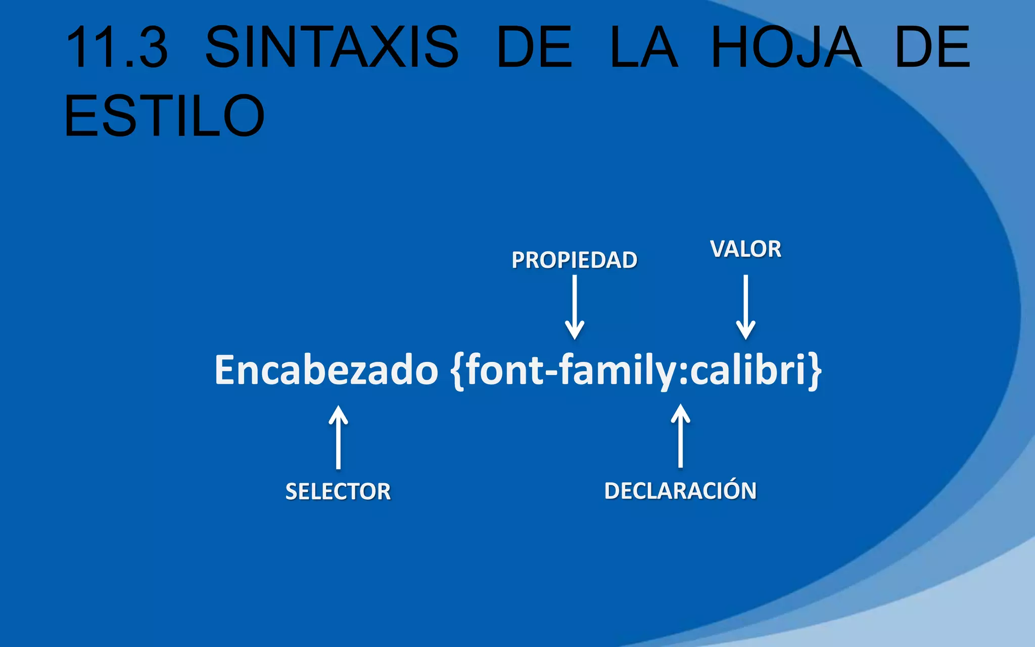 11.3 SINTAXIS DE LA HOJA DE
ESTILO
Encabezado {font-family:calibri}
PROPIEDAD
SELECTOR DECLARACIÓN
VALOR
 