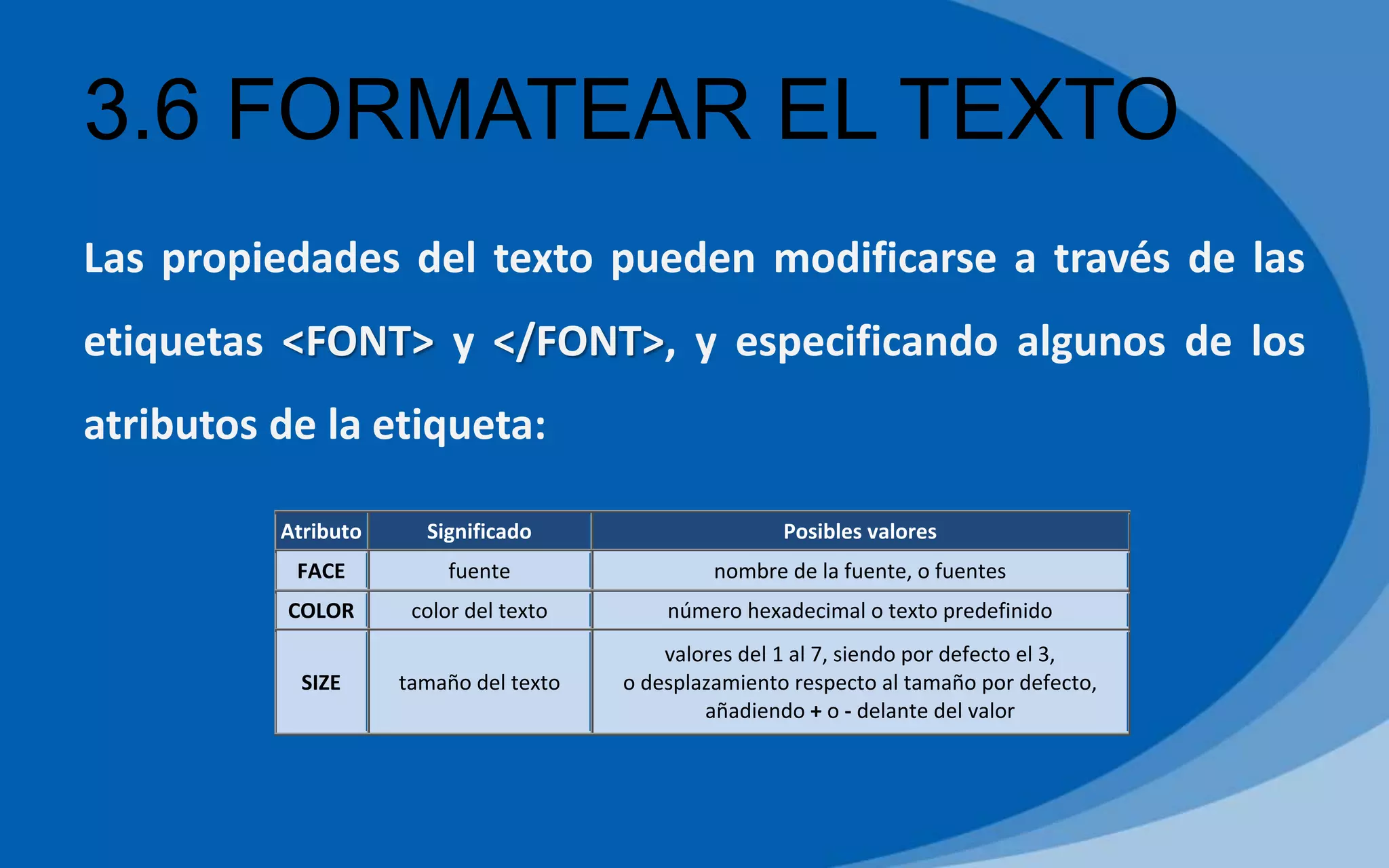 3.6 FORMATEAR EL TEXTO
Las propiedades del texto pueden modificarse a través de las
etiquetas <FONT> y </FONT>, y especificando algunos de los
atributos de la etiqueta:
Atributo Significado Posibles valores
FACE fuente nombre de la fuente, o fuentes
COLOR color del texto número hexadecimal o texto predefinido
SIZE tamaño del texto
valores del 1 al 7, siendo por defecto el 3,
o desplazamiento respecto al tamaño por defecto,
añadiendo + o - delante del valor
 