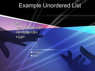 Example Unordered ListExample Unordered List
<ul><ul>
<li>Coffee</li><li>Coffee</li>
<li>Milk</li><li>Milk</li>
</ul></ul>
 CoffeeCoffee
 MilkMilk
 