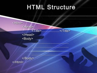 HTML StructureHTML Structure
<Html><Html>
<Head><Head>
<Title>....................</Title><Title>....................</Title>
</Head></Head>
<Body><Body>
..................................................................................
..................................................................................
..................................................................................
................................................................................
</Body></Body>
</Html></Html>
 
