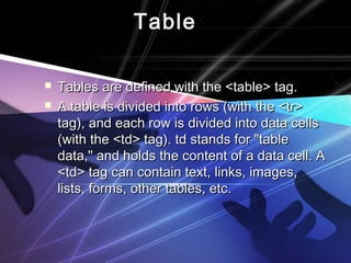 TableTable
 Tables are defined with the <table> tag.Tables are defined with the <table> tag.
 A table is divided into rows (with the <tr>A table is divided into rows (with the <tr>
tag), and each row is divided into data cellstag), and each row is divided into data cells
(with the <td> tag). td stands for "table(with the <td> tag). td stands for "table
data," and holds the content of a data cell. Adata," and holds the content of a data cell. A
<td> tag can contain text, links, images,<td> tag can contain text, links, images,
lists, forms, other tables, etc.lists, forms, other tables, etc.
 