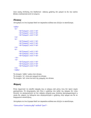 λόγο κακής σύνδεσης στο διαδίκτυο) κάποιος χρήστης δεν μπορεί να δει την εικόνα
βλέπει εναλλακτικά αυτό το κείμενο.
Πίνακες
Αντιγράψτε σε ένα έγγραφο html τον παρακάτω κώδικα και ελέγξτε το αποτέλεσμα.
<table>
<tr>
<td>Γραμμή 1, κελί 1</td>
<td>Γραμμή 1, κελί 2</td>
<td>Γραμμή 1, κελί 3</td>
</tr>
<tr>
<td>Γραμμή 2, κελί 1</td>
<td>Γραμμή 2, κελί 2</td>
<td>Γραμμή 2, κελί 3</td>
</tr>
<tr>
<td>Γραμμή 3, κελί 1</td>
<td>Γραμμή 3, κελί 2</td>
<td>Γραμμή 3, κελί 3</td>
</tr>
<tr>
<td>Γραμμή 4, κελί 1</td>
<td>Γραμμή 4, κελί 2</td>
<td>Γραμμή 4, κελί 3</td>
</tr>
</table>
Το στοιχείο <table> ορίζει έναν πίνακα.
Το στοιχείο <tr> είναι μια γραμμή του πίνακα.
Το στοιχείο <td> είναι ένα κελί της γραμμής του πίνακα.
Φόρμες
Είναι σημαντικό να ειπωθεί εξαρχής πως οι φόρμες από μόνες τους δεν έχουν καμία
χρησιμότητα. Οι πληροφορίες που δίνει ο χρήστης στα πεδία της φόρμας δεν είναι
δυνατόν να επεξεργαστούν αν δεν υπάρξει ανάμιξη μιας γλώσσας προγραμματισμού η
οποία θα «πάρει» τα δεδομένα που πληκτρολόγησε ο χρήστης στην φόρμα και θα τα
διαχειριστεί καταλλήλως.
Αντιγράψτε σε ένα έγγραφο html τον παρακάτω κώδικα και ελέγξτε το αποτέλεσμα.
<form action="contactus.php" method="post">
 