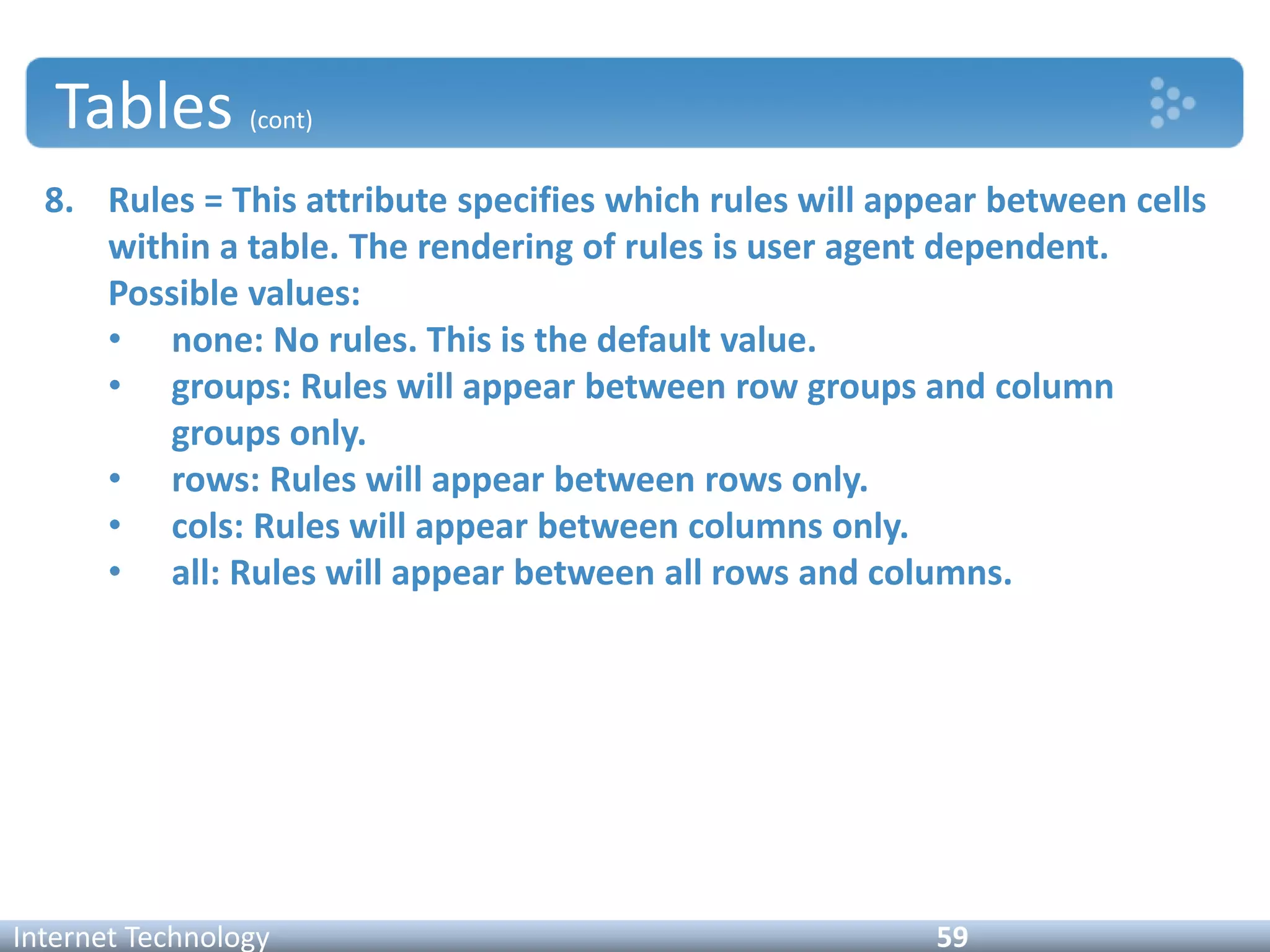 Tables (cont)
8. Rules = This attribute specifies which rules will appear between cells
within a table. The rendering of rules is user agent dependent.
Possible values:
• none: No rules. This is the default value.
• groups: Rules will appear between row groups and column
groups only.
• rows: Rules will appear between rows only.
• cols: Rules will appear between columns only.
• all: Rules will appear between all rows and columns.
Internet Technology 59
 
