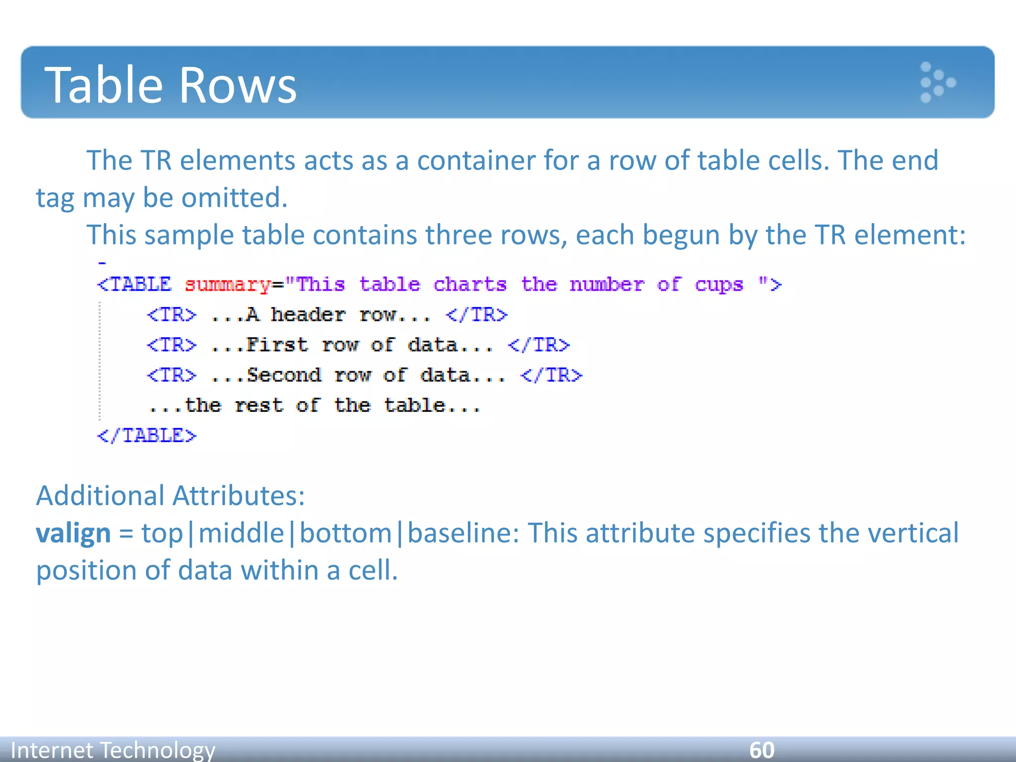 Table Rows
The TR elements acts as a container for a row of table cells. The end
tag may be omitted.
This sample table contains three rows, each begun by the TR element:
Additional Attributes:
valign = top|middle|bottom|baseline: This attribute specifies the vertical
position of data within a cell.
Internet Technology 60
 