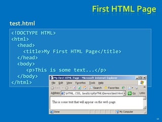 First HTML Page
10
<!DOCTYPE HTML>
<html>
<head>
<title>My First HTML Page</title>
</head>
<body>
<p>This is some text...</p>
</body>
</html>
test.html
 