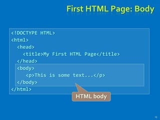 <!DOCTYPE HTML>
<html>
<head>
<title>My First HTML Page</title>
</head>
<body>
<p>This is some text...</p>
</body>
</html>
First HTML Page: Body
13
HTML body
 