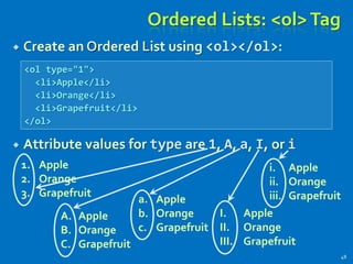 a. Apple
b. Orange
c. Grapefruit
Ordered Lists: <ol>Tag
 Create an Ordered List using <ol></ol>:
 Attribute values for type are 1, A, a, I, or i
48
1. Apple
2. Orange
3. Grapefruit
A. Apple
B. Orange
C. Grapefruit
I. Apple
II. Orange
III. Grapefruit
i. Apple
ii. Orange
iii. Grapefruit
<ol type="1">
<li>Apple</li>
<li>Orange</li>
<li>Grapefruit</li>
</ol>
 