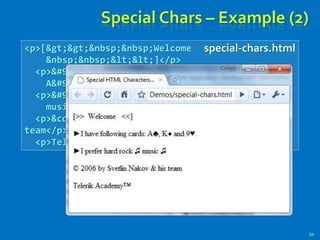 Special Chars – Example (2)
54
<p>[>>&nbsp;&nbsp;Welcome
&nbsp;&nbsp;<<]</p>
<p>►I have following cards:
A♣, K♦ and 9♥.</p>
<p>►I prefer hard rock ♫
music ♫</p>
<p>&copy; 2006 by Svetlin Nakov &amp; his
team</p>
<p>Telerik Academy™</p>
special-chars.html
 