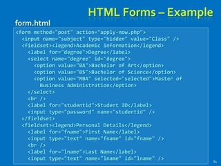 HTML Forms – Example
84
<form method="post" action="apply-now.php">
<input name="subject" type="hidden" value="Class" />
<fieldset><legend>Academic information</legend>
<label for="degree">Degree</label>
<select name="degree" id="degree">
<option value="BA">Bachelor of Art</option>
<option value="BS">Bachelor of Science</option>
<option value="MBA" selected="selected">Master of
Business Administration</option>
</select>
<br />
<label for="studentid">Student ID</label>
<input type="password" name="studentid" />
</fieldset>
<fieldset><legend>Personal Details</legend>
<label for="fname">First Name</label>
<input type="text" name="fname" id="fname" />
<br />
<label for="lname">Last Name</label>
<input type="text" name="lname" id="lname" />
form.html
 