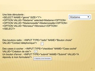 17
Une liste déroulante :
<SELECT NAME="genre" SIZE="1">
<OPTION VALUE="Madame" selected>Madame</OPTION>
<OPTION VALUE="Mademoiselle">Mademoiselle</OPTION>
<OPTION VALUE="Monsieur">Monsieur</OPTION>
</SELECT>
Des boutons radio : <INPUT TYPE="radio" NAME="Bouton choisi"
VALUE="Contact téléphonique">
Des cases à cocher : <INPUT TYPE="checkbox" NAME="Case coché"
VALUE="Création de site">
Un bouton d'envoi : <INPUT TYPE="submit" NAME="Submit" VALUE="A
répondu à mon formulaire">
 