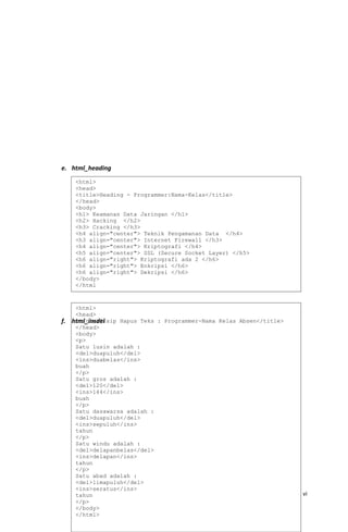 e. html_heading
f. html_insdel
vi
<html>
<head>
<title>Heading - Programmer:Nama-Kelas</title>
</head>
<body>
<h1> Keamanan Data Jaringan </h1>
<h2> Hacking </h2>
<h3> Cracking </h3>
<h4 align="center"> Teknik Pengamanan Data </h4>
<h3 align="center"> Internet Firewall </h3>
<h4 align="center"> Kriptografi </h4>
<h5 align="center"> SSL (Secure Socket Layer) </h5>
<h6 align="right"> Kriptografi ada 2 </h6>
<h6 align="right"> Enkripsi </h6>
<h6 align="right"> Dekripsi </h6>
</body>
</html
<html>
<head>
<title>Sisip Hapus Teks : Programmer-Nama Kelas Absen</title>
</head>
<body>
<p>
Satu lusin adalah :
<del>duapuluh</del>
<ins>duabelas</ins>
buah
</p>
Satu gros adalah :
<del>120</del>
<ins>144</ins>
buah
</p>
Satu dasawarsa adalah :
<del>duapuluh</del>
<ins>sepuluh</ins>
tahun
</p>
Satu windu adalah :
<del>delapanbelas</del>
<ins>delapan</ins>
tahun
</p>
Satu abad adalah :
<del>limapuluh</del>
<ins>seratus</ins>
tahun
</p>
</body>
</html>
 