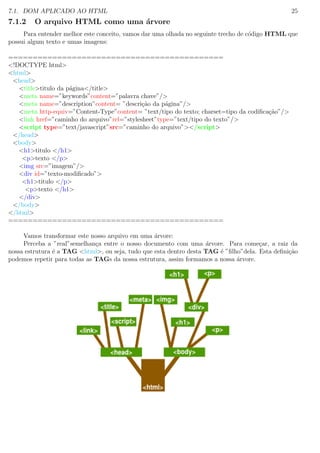 7.1. DOM APLICADO AO HTML 25
7.1.2 O arquivo HTML como uma ´arvore
Para entender melhor este conceito, vamos dar uma olhada no seguinte trecho de c´odigo HTML que
possui algum texto e umas imagens:
============================================
<!DOCTYPE html>
<html>
<head>
<title>titulo da p´agina</title>
<meta name=”keywords”content=”palavra chave”/>
<meta name=”description”content= ”descri¸c˜ao da p´agina”/>
<meta http-equiv=”Content-Type”content= ”text/tipo do texto; charset=tipo da codiﬁca¸c˜ao”/>
<link href=”caminho do arquivo”rel=”stylesheet”type=”text/tipo do texto”/>
<script type=”text/javascript”src=”caminho do arquivo”></script>
</head>
<body>
<h1>titulo </h1>
<p>texto </p>
<img src=”imagem”/>
<div id=”texto-modiﬁcado”>
<h1>titulo </p>
<p>texto </h1>
</div>
</body>
</html>
============================================
Vamos transformar este nosso arquivo em uma ´arvore:
Perceba a ”real”semelhan¸ca entre o nosso documento com uma ´arvore. Para come¸car, a raiz da
nossa estrutura ´e a TAG <html>, ou seja, tudo que esta dentro desta TAG ´e ”ﬁlho”dela. Esta deﬁni¸c˜ao
podemos repetir para todas as TAGs da nossa estrutura, assim formamos a nossa ´arvore.
 