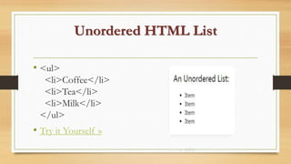 Unordered HTML List
• <ul>
<li>Coffee</li>
<li>Tea</li>
<li>Milk</li>
</ul>
• Try it Yourself »
 