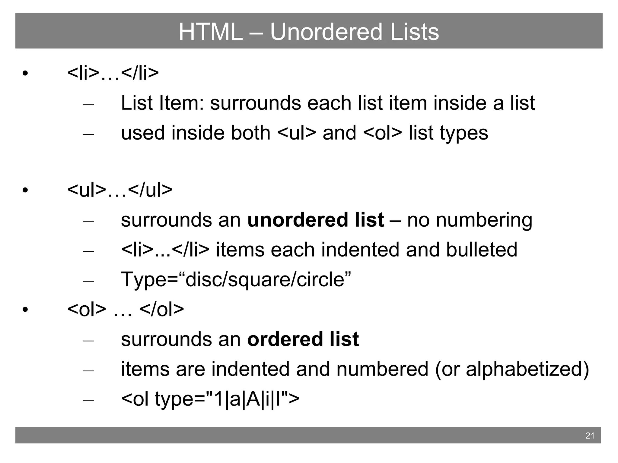 21
HTML - Basic Tags
• <li>…</li>
– List Item: surrounds each list item inside a list
– used inside both <ul> and <ol> list types
• <ul>…</ul>
– surrounds an unordered list – no numbering
– <li>...</li> items each indented and bulleted
– Type=“disc/square/circle”
• <ol> … </ol>
– surrounds an ordered list
– items are indented and numbered (or alphabetized)
– <ol type="1|a|A|i|I">
HTML – Unordered Lists
 