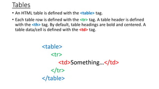 Tables
• An HTML table is defined with the <table> tag.
• Each table row is defined with the <tr> tag. A table header is defined
with the <th> tag. By default, table headings are bold and centered. A
table data/cell is defined with the <td> tag.
<table>
<tr>
<td>Something…</td>
</tr>
</table>
 