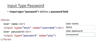 Input Type Password
• <input type="password"> defines a password field
 