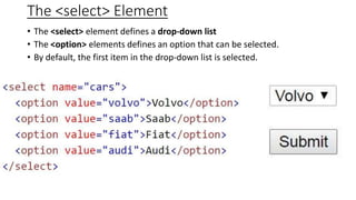 The <select> Element
• The <select> element defines a drop-down list
• The <option> elements defines an option that can be selected.
• By default, the first item in the drop-down list is selected.
 