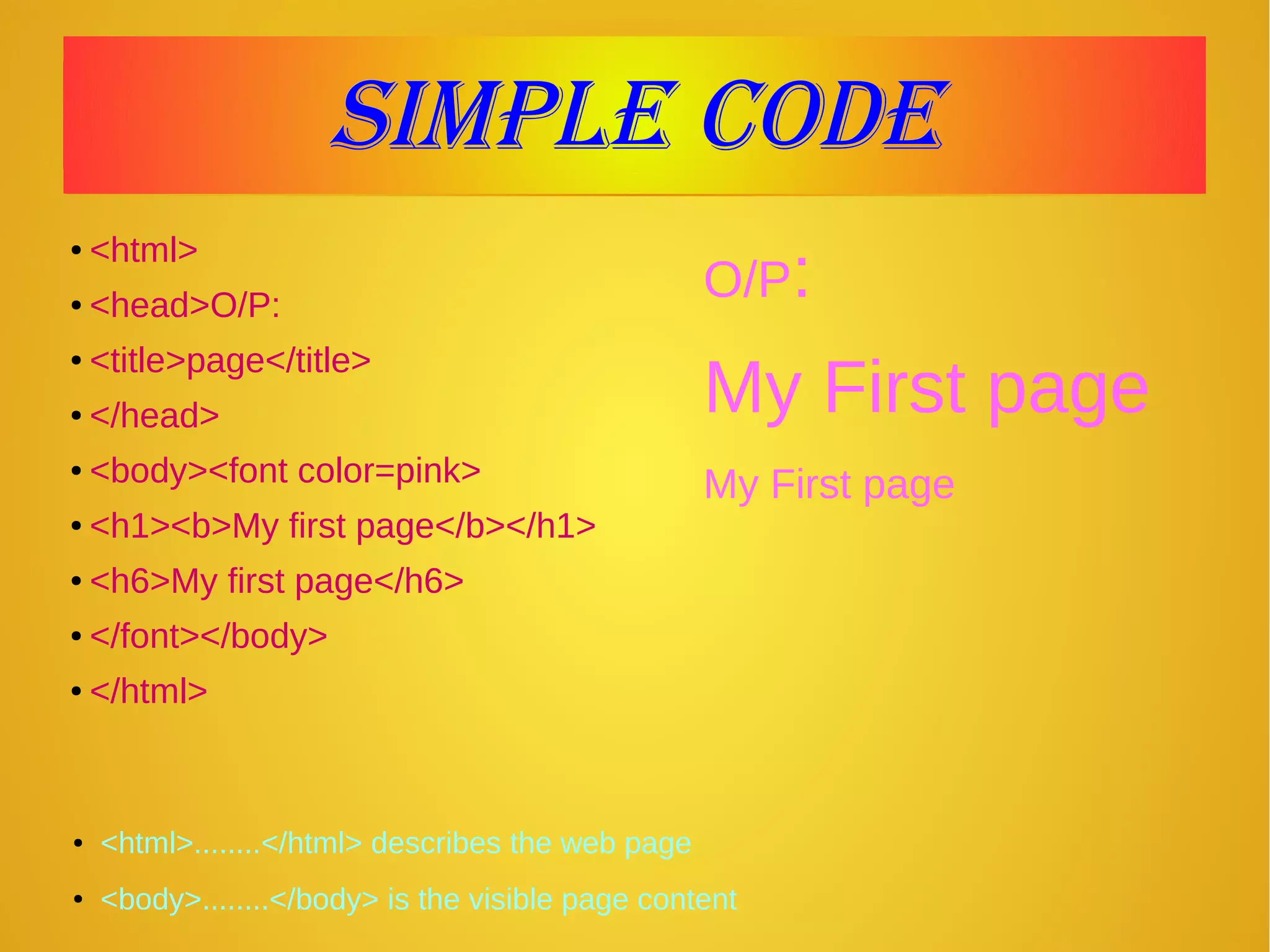 Simple codeSimple code
● <html>
● <head>O/P:
● <title>page</title>
● </head>
● <body><font color=pink>
● <h1><b>My first page</b></h1>
● <h6>My first page</h6>
● </font></body>
● </html>
O/P:
My First page
My First page
● <html>........</html> describes the web page
● <body>........</body> is the visible page content
 