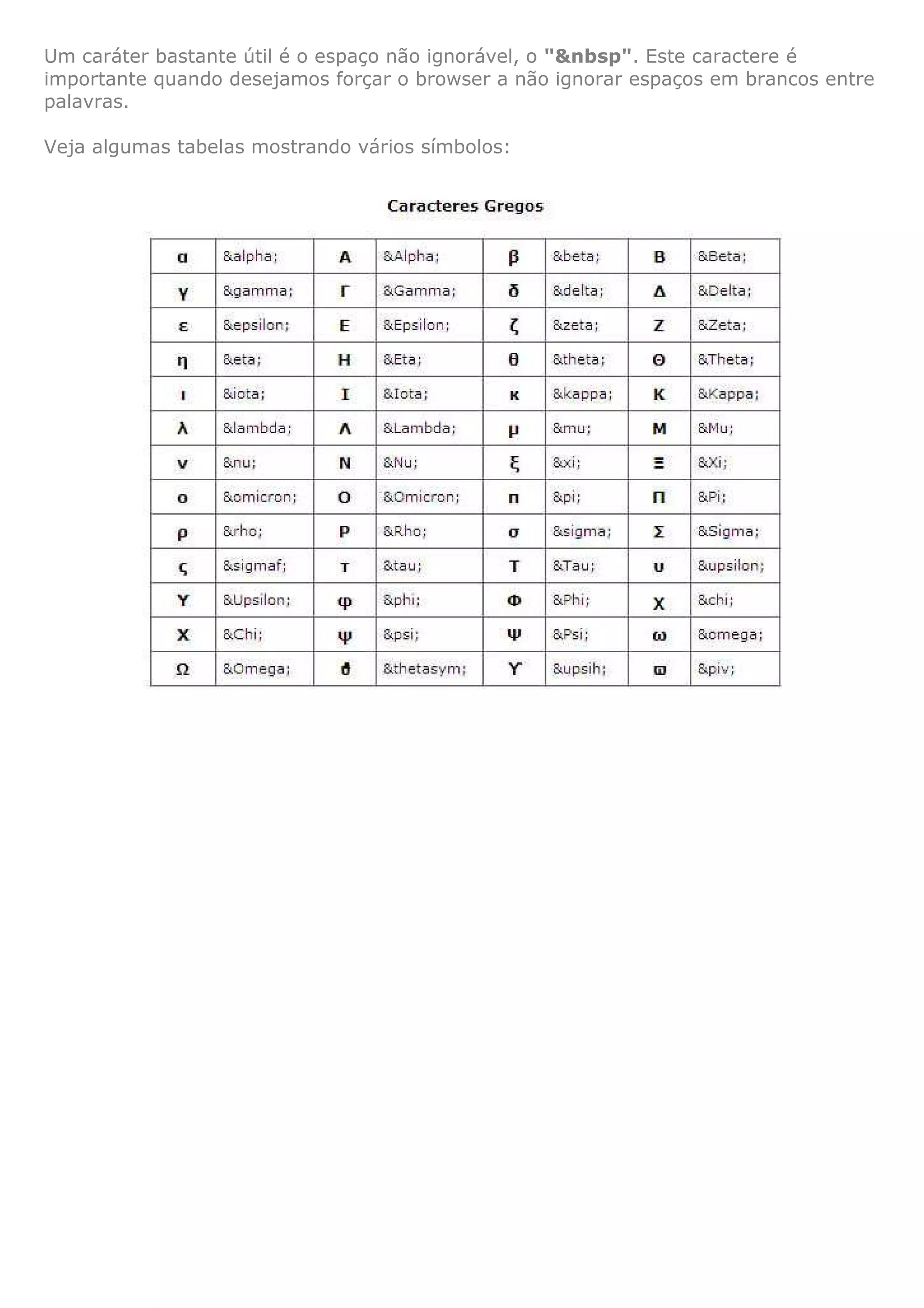 Um caráter bastante útil é o espaço não ignorável, o "&nbsp". Este caractere é
importante quando desejamos forçar o browser a não ignorar espaços em brancos entre
palavras.
Veja algumas tabelas mostrando vários símbolos:
 